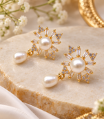 Certified natural freshwater pearls jewellery pearl drop earrings with cz snowflake stud, gold tone