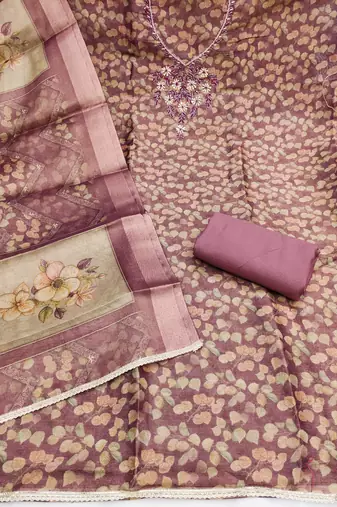 multi unstitched shimmer print handwork with printed dupatta linen dress material