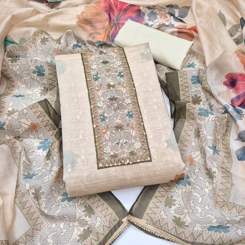 multi unstitched digital print handwork with printed dupatta modal butti dress material