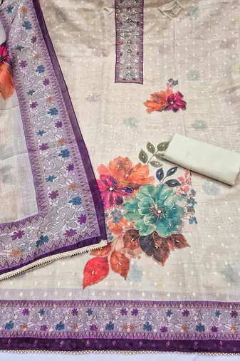 multi unstitched digital print handwork with printed dupatta modal butti dress material