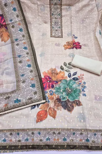 multi unstitched digital print handwork with printed dupatta modal butti dress material
