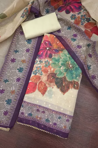 multi unstitched digital print handwork with printed dupatta modal butti dress material