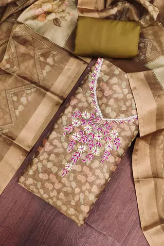 multi unstitched shimmer print handwork with printed dupatta linen dress material