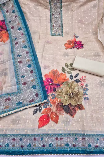 multi unstitched digital print handwork with printed dupatta modal butti dress material