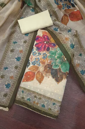 multi unstitched digital print handwork with printed dupatta modal butti dress material