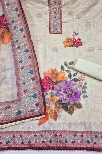 multi unstitched digital print handwork with printed dupatta modal butti dress material