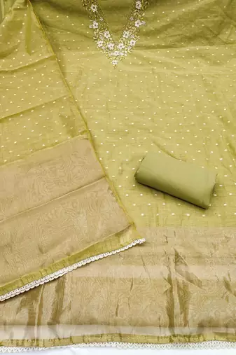 light green unstitched weaving handwork with woven dupatta dress material