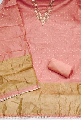 peach unstitched weaving handwork with woven dupatta dress material 2