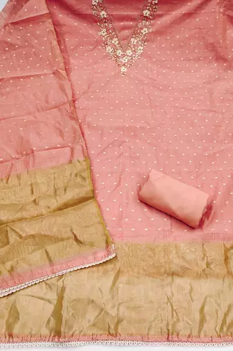 peach unstitched weaving handwork with woven dupatta dress material