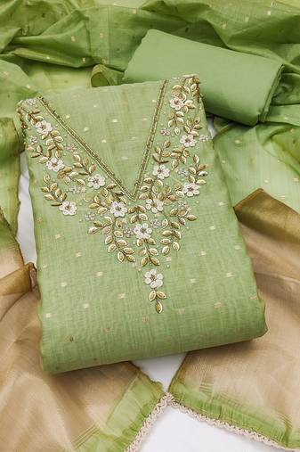 green unstitched weaving handwork with woven dupatta dress material