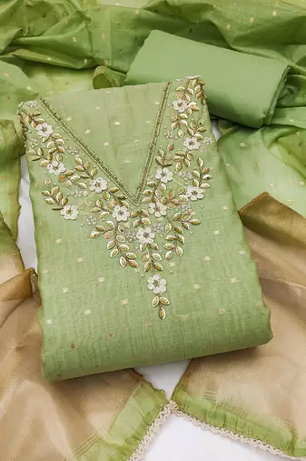 green unstitched weaving handwork with woven dupatta dress material