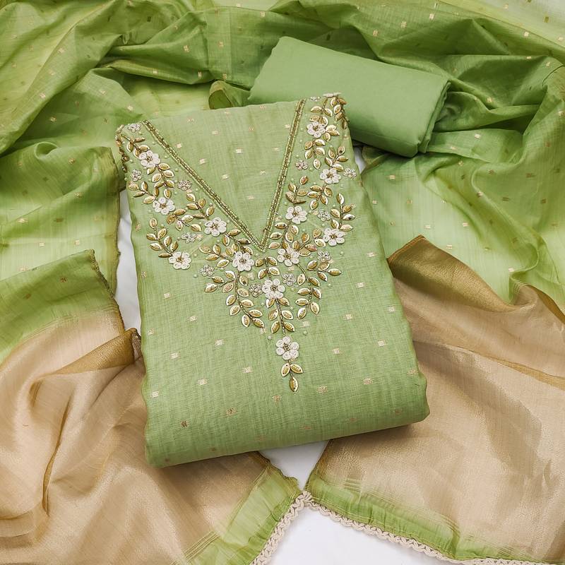 green unstitched weaving handwork with woven dupatta dress material