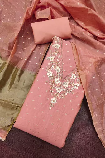 peach unstitched weaving handwork with woven dupatta dress material