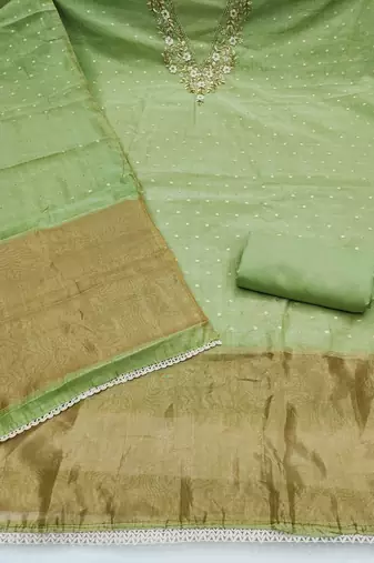 green unstitched weaving handwork with woven dupatta dress material