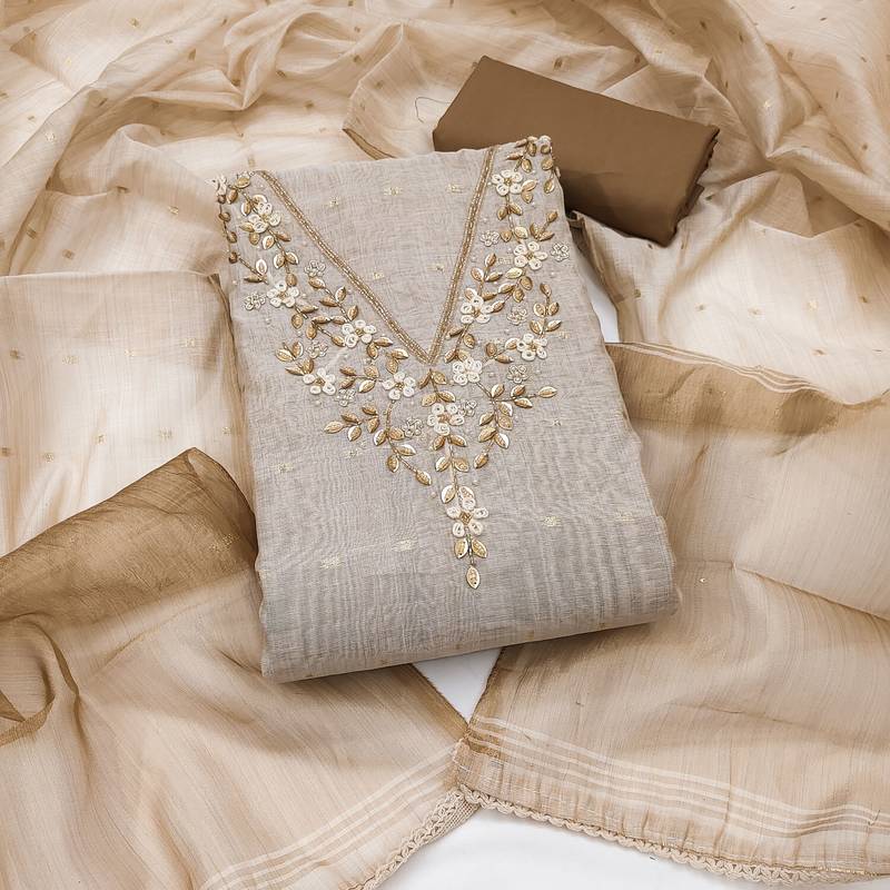 beige unstitched weaving handwork with woven dupatta dress material
