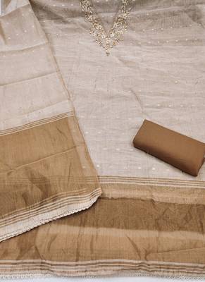 beige unstitched weaving handwork with woven dupatta dress material 2
