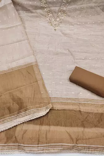 beige unstitched weaving handwork with woven dupatta dress material