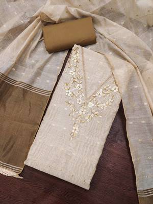 beige unstitched weaving handwork with woven dupatta dress material 4