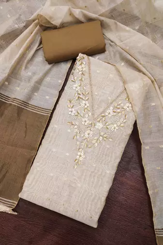 beige unstitched weaving handwork with woven dupatta dress material