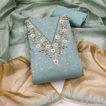 sea green unstitched weaving handwork with woven dupatta dress material 1