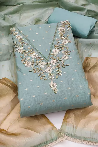 sea green unstitched weaving handwork with woven dupatta dress material