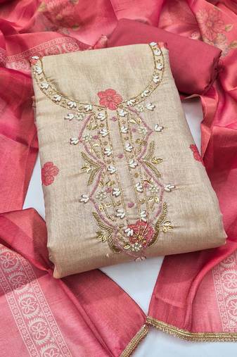 multi unstitched shimmer print handwork with printed dupatta linen dress material