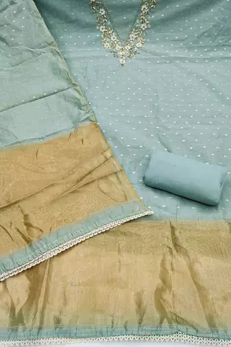 sea green unstitched weaving handwork with woven dupatta dress material