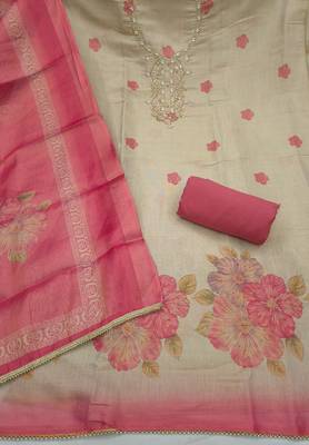multi unstitched shimmer print handwork with printed dupatta linen dress material 2