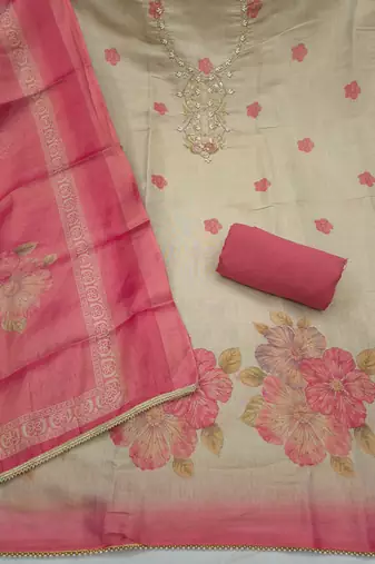 multi unstitched shimmer print handwork with printed dupatta linen dress material