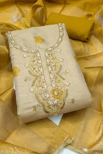 multi unstitched shimmer print handwork with printed dupatta linen dress material
