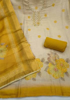 multi unstitched shimmer print handwork with printed dupatta linen dress material 2