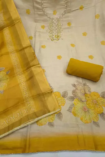 multi unstitched shimmer print handwork with printed dupatta linen dress material