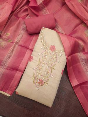 multi unstitched shimmer print handwork with printed dupatta linen dress material 4