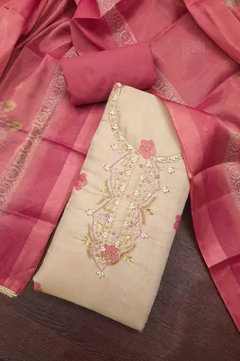 multi unstitched shimmer print handwork with printed dupatta linen dress material