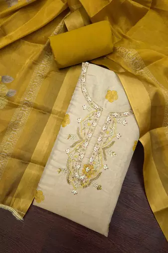 multi unstitched shimmer print handwork with printed dupatta linen dress material