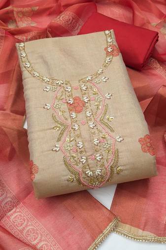 multi unstitched shimmer print handwork with printed dupatta linen dress material