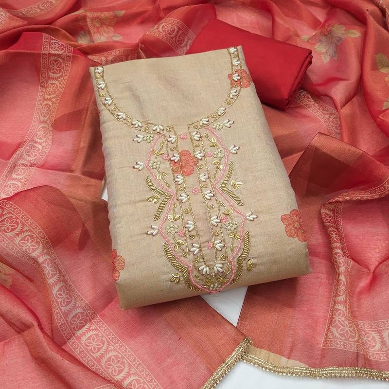 multi unstitched shimmer print handwork with printed dupatta linen dress material