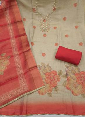 multi unstitched shimmer print handwork with printed dupatta linen dress material 2
