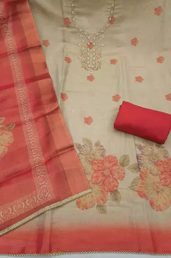 multi unstitched shimmer print handwork with printed dupatta linen dress material