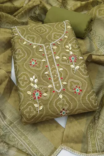 multi unstitched shimmer print handwork with printed dupatta linen dress material