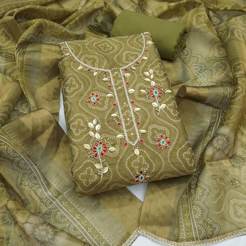multi unstitched shimmer print handwork with printed dupatta linen dress material