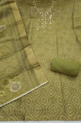 multi unstitched shimmer print handwork with printed dupatta linen dress material 2