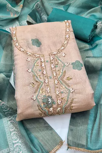 multi unstitched shimmer print handwork with printed dupatta linen dress material