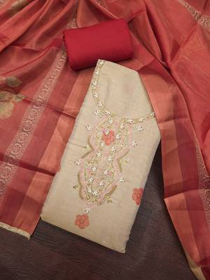 multi unstitched shimmer print handwork with printed dupatta linen dress material 4