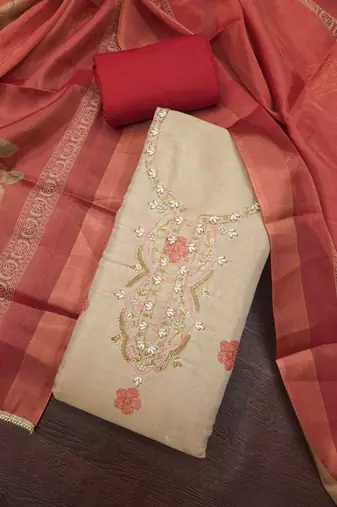 multi unstitched shimmer print handwork with printed dupatta linen dress material