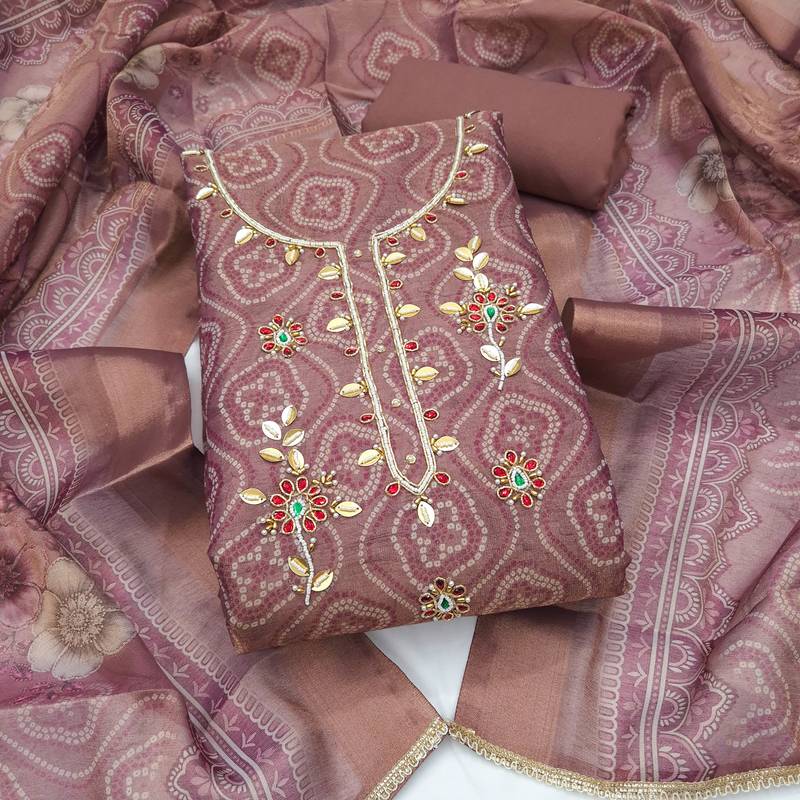 multi unstitched shimmer print handwork with printed dupatta linen dress material