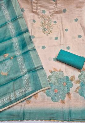 multi unstitched shimmer print handwork with printed dupatta linen dress material 2