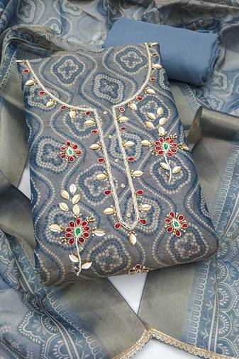 multi unstitched shimmer print handwork with printed dupatta linen dress material