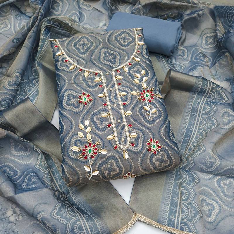 multi unstitched shimmer print handwork with printed dupatta linen dress material