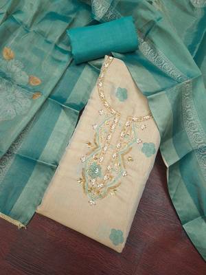 multi unstitched shimmer print handwork with printed dupatta linen dress material 4